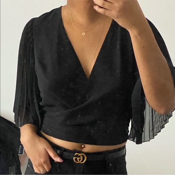 pleated kimono sleeve surplice wrap blouse